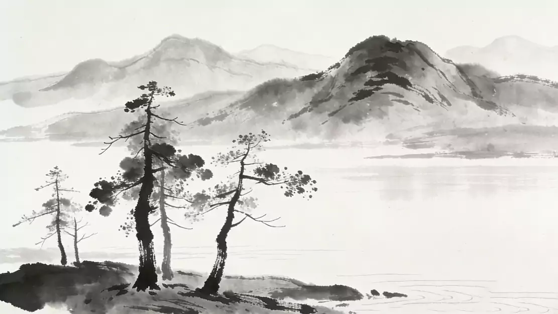 题水墨松崖图 墨皴烟岫画图开 岸畔松柯抱石来