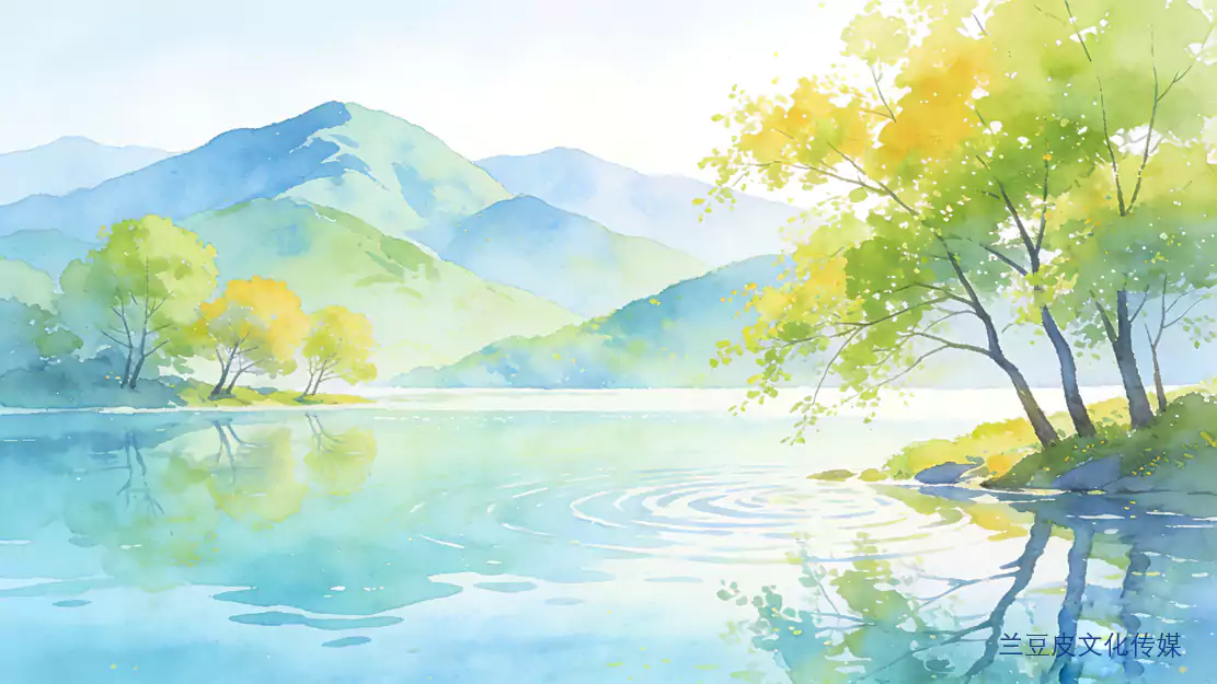 题水彩湖山图 轻岚染就千山碧 软翠匀开一岸秋