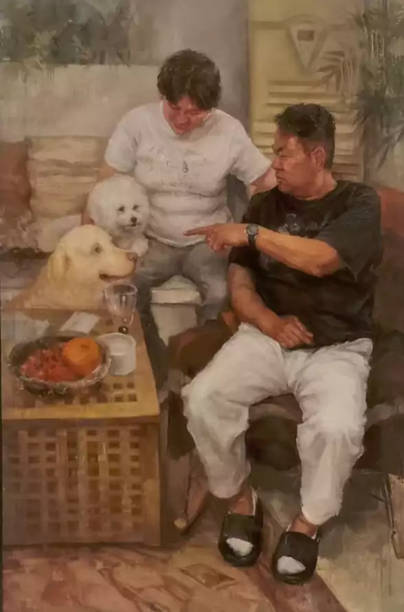 偶然得到的油画-家常伴：茶桌摊着半盏闲 鬓边轻雪裹春暄